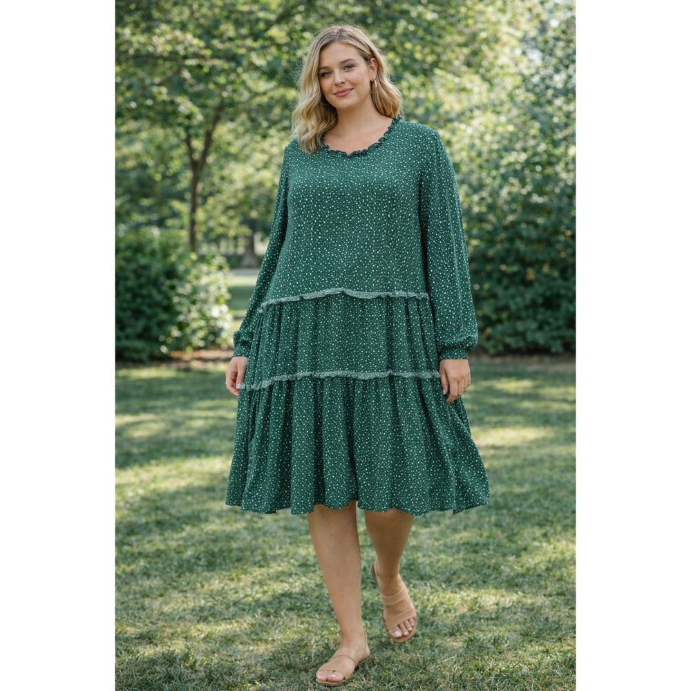 Maeve by Anthropologie Green‎ Polka Dot Tiered Ruffle Trapeze Dress Long Sleeve